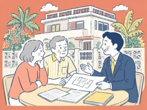 沖縄で相続した空き家について家族が不動産会社へ相談する様子