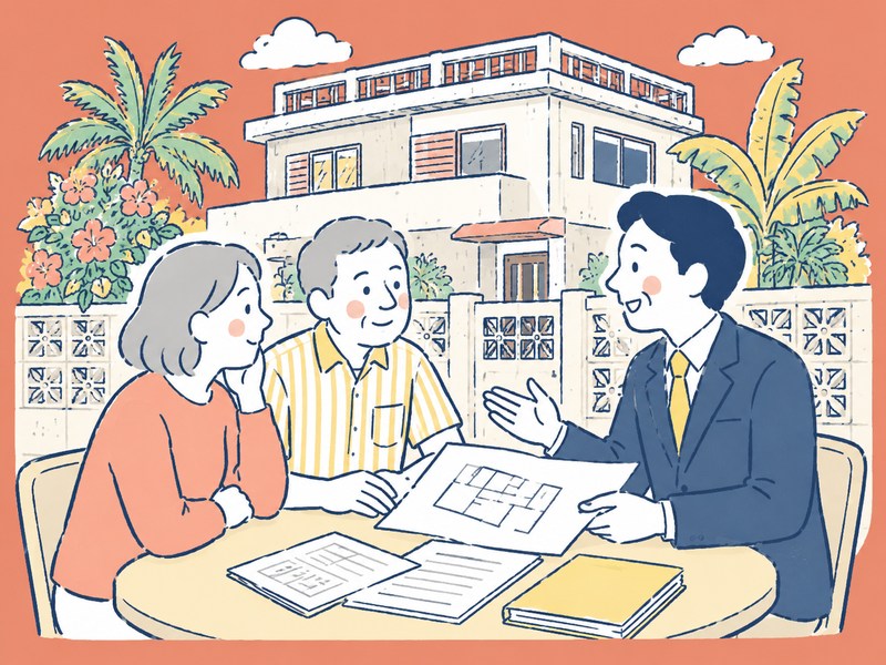 沖縄で相続した空き家について家族が不動産会社へ相談する様子